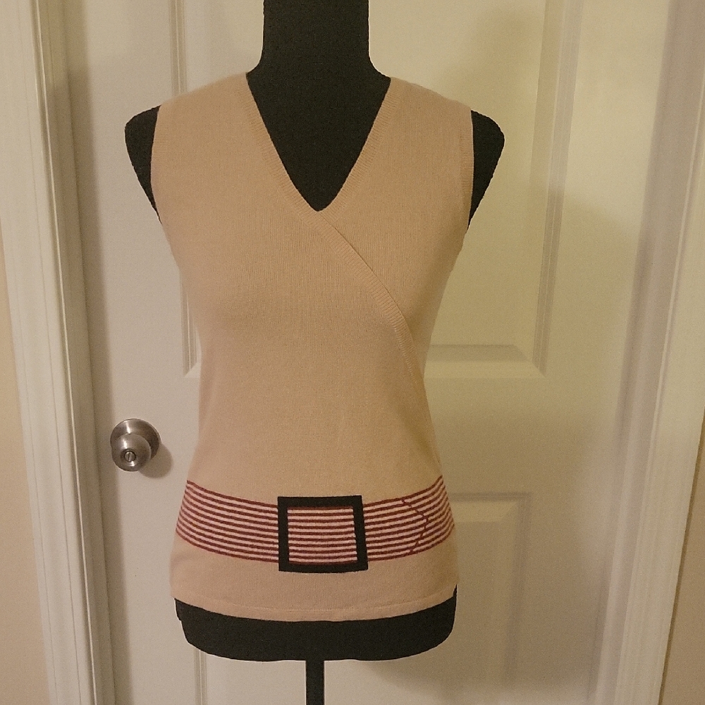 Autumn Cashmere Tan Sleeveless Top with Red Stripe Detail